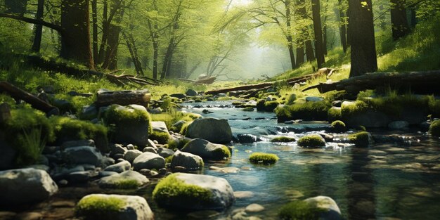 春の背景 森の中の水の流れ 生成AI