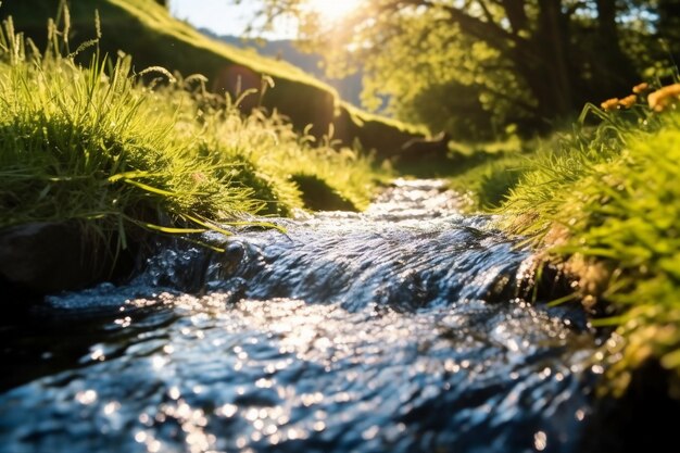 Photo spring background stream of water in the forest generative ai