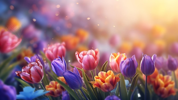 Spring background of tree branches with growing leaves and colorful flowers Generative Ai