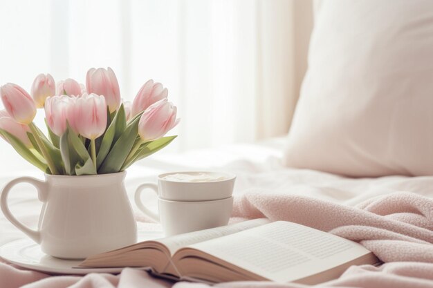 写真 spring background with a bouquet of tulips a cup of coffee and books in a bed