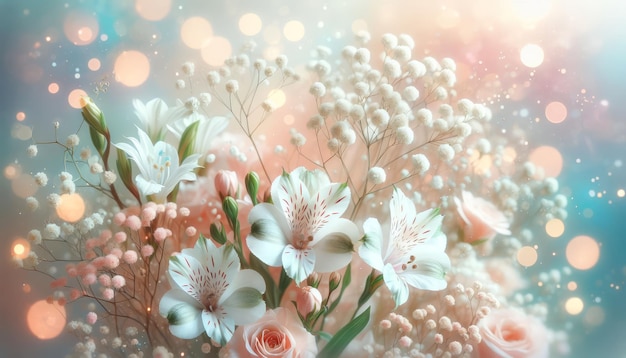 Весенний фон с цветами alstroemeria gypsophila боке размытые пятна в пастельном персиковом пушистости