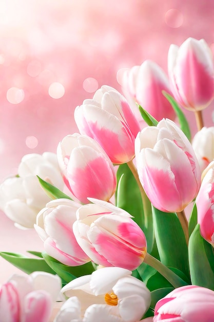 Весенний фон с красивыми розовыми и белыми тюльпанами с боке