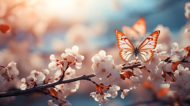 Spring background with blooming cherry tree and butterfly Soft focus