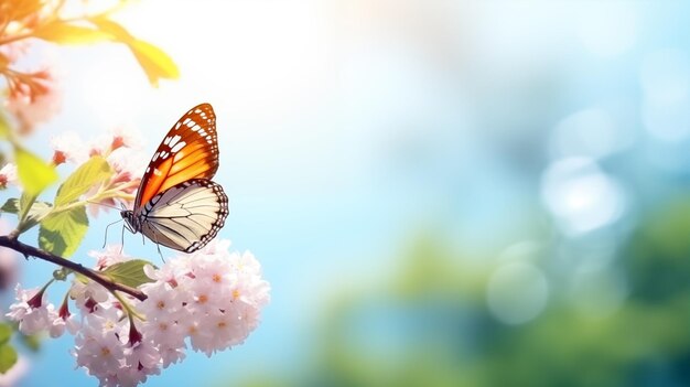 Spring background with blooming cherry tree and butterfly Soft focus