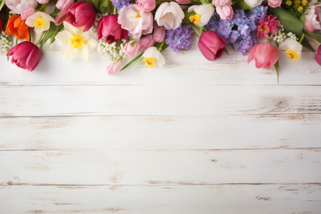 Spring background with color flowers on wooden background