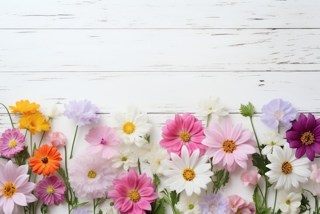 Spring background with color flowers on wooden background