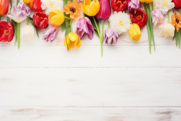 Spring background with color flowers on wooden background