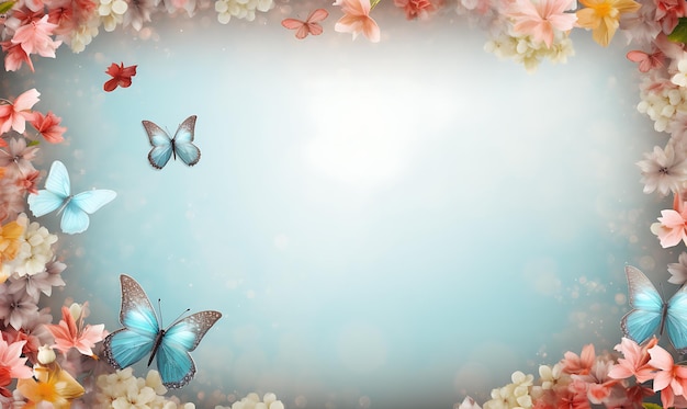 Spring background with colorful flower flying butterfly and wooden panel Ai image generative