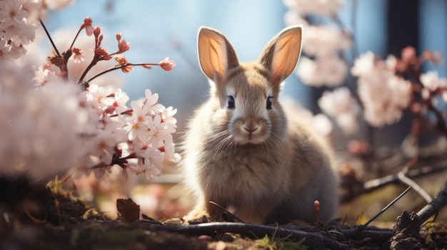 Spring background with a cute rabbit branches of a flowering tree