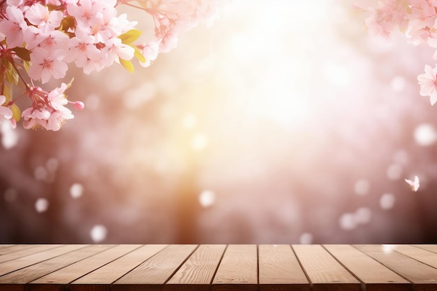 Spring background with empty wooden table natural template with copy space AI generated