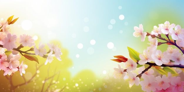 A spring background with flowers and a blue sky