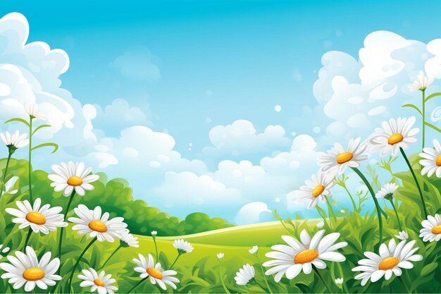 Spring background with flowers daisies in grass