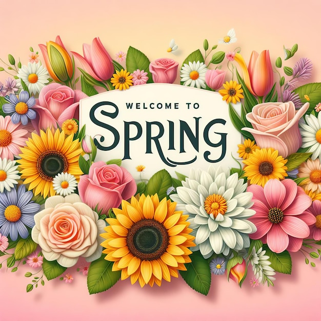 Photo spring background with flowers and lettering