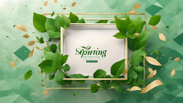 Photo spring background with flying green leaves and square frame on trendy geometric backdrop