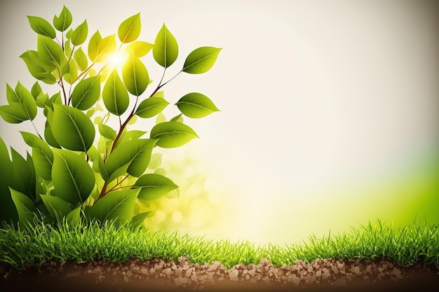 Spring background with green leaves and grass with empty copy space