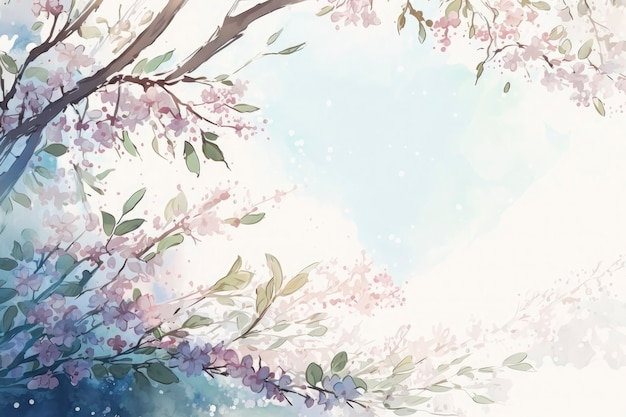 Spring background with the image of blue sky and cherry blossoms Watercolor illustration material