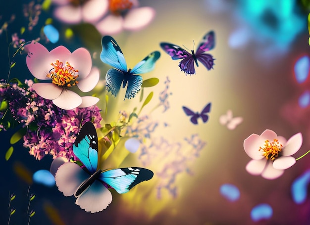 은 투명한 꽃과 함께 봄의 배경, 파스텔 색의 오렌지색 나비, 부드러운 초점과 함께 매크로, 섬세한 공기, 우아한 자연의 예술적 이미지