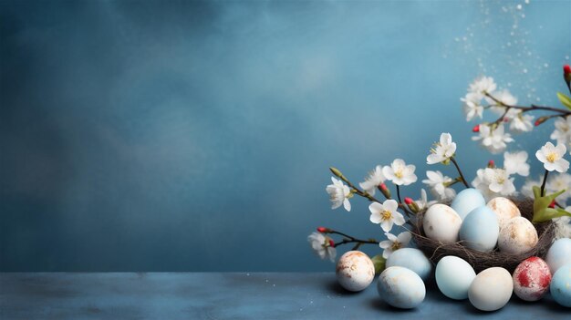 Photo spring background with painted easter eggs in wicker basket and blooming flowers