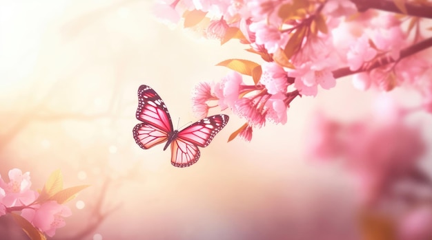 Spring background with pink blossom and fly butterfly