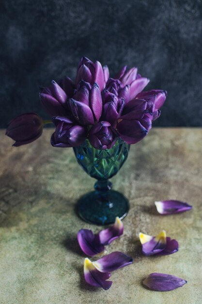 Spring background with purple tulips on green table soft focus