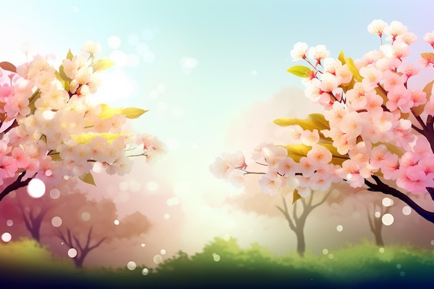 A spring background with a tree and flowers