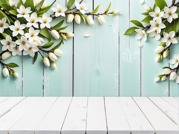 Spring background with white blossoms and white wooden table flooring