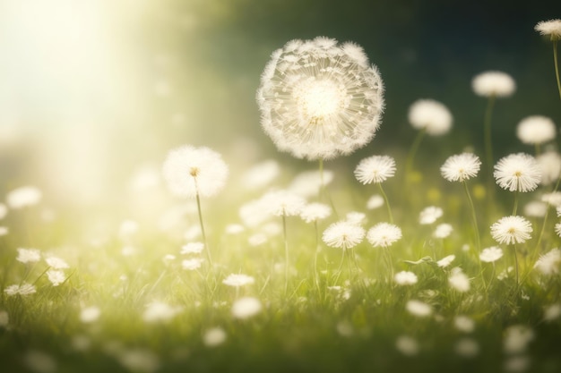 spring background with white dandelions ai generative