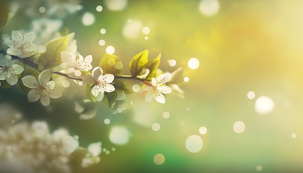 A spring background with white flowers and green leaves.