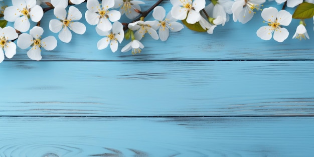 Spring background with white flowers on wooden background