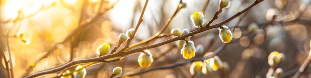 Photo spring background with willow branches in sunlight easter and palm sunday