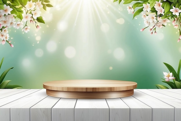 Spring backgroundDisplay studio with 3d podium on white wood texture with nature bokeh light