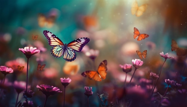 spring backgrounds colorful flowers and butterflies blurred and bokeh backgrounds