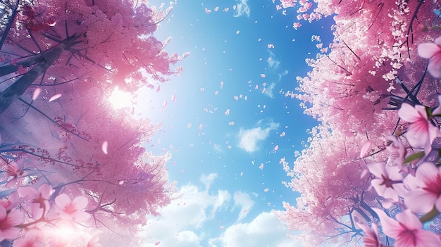 Foto bandiera primaverile rami di ciliegie in fiore sullo sfondo di cielo blu e farfalle nella natura all'aperto fiori di sakura rosa immagine romantica di primavera illustrazione generata da ai