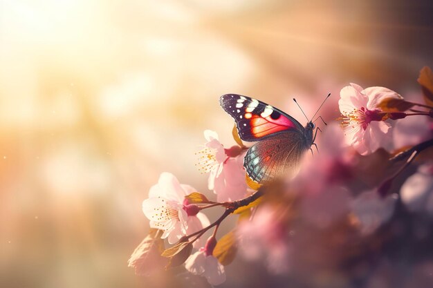 Spring banner branches of blossoming cherry against the background of blue sky and butterflies on nature outdoors Pink sakura flowers dreamy romantic image spring landscape panorama generate ai
