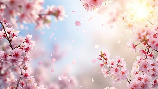 Spring banner branches of blossoming cherry against background of blue sky and butterflies