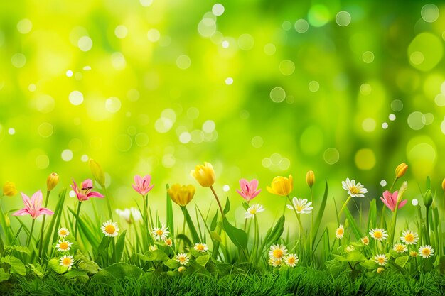 spring banner of fresh green grass and flowers in nature blurred background space for text