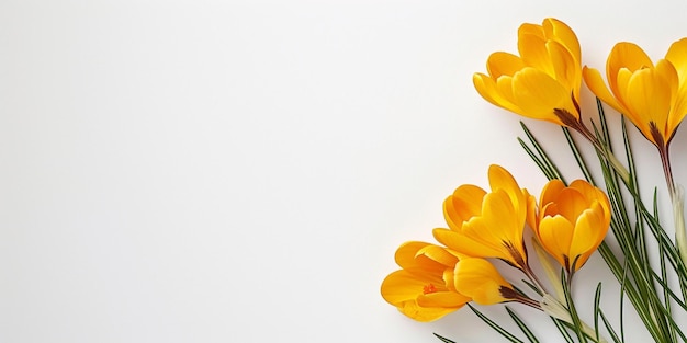 a spring banner with delicate yellow crocuses on a white background on the right and a place for text on the left the concept of spring design and greeting cards