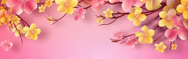 Spring banner with yellow cherry blossoms on pink background