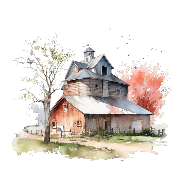 Spring barn farm house watercolor illustration spring clipart