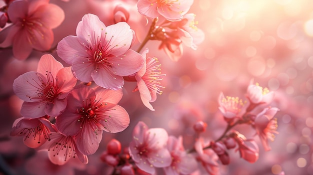 Весной красивая цветущая вишня или сакура видна на фоне, наполненном цветами