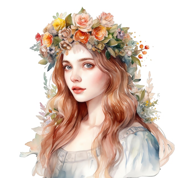 Spring beautiful girl with floral wreath watercolor illustration spring clipart