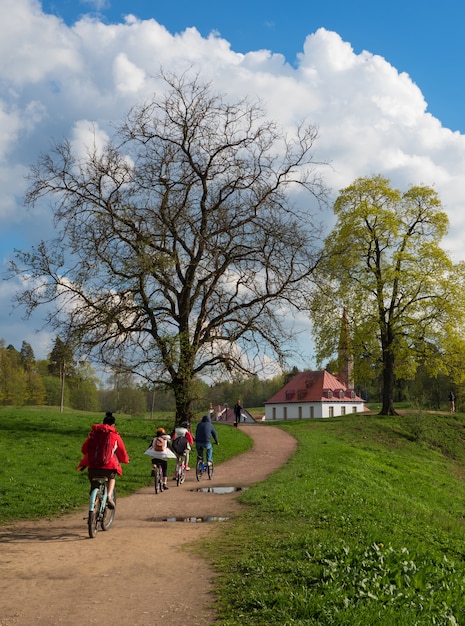 Spring bike rides with the whole family in nature. Family cyclists on a walk in the park.