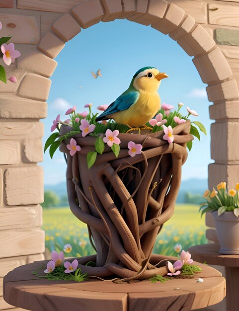 Photo in spring birds build nests and flowers bloom generative ai