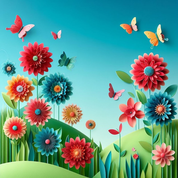 Spring Bloom Vibrant Nature and Butterfly Wonderland Paper crafted nature background