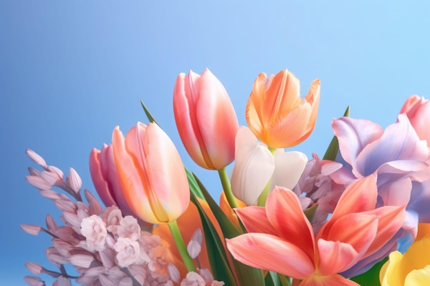 Spring blooming delicate flowers festive background Pastel and soft bouquet Generative AI