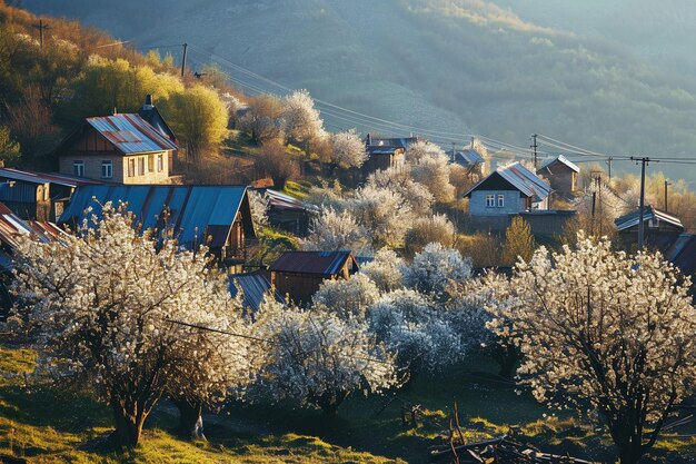 Фото Весенние цветущие деревья в деревне