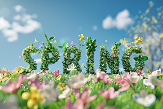 Photo spring blooms vibrant flowers and fresh greenery surround stylized lettering generative ai
