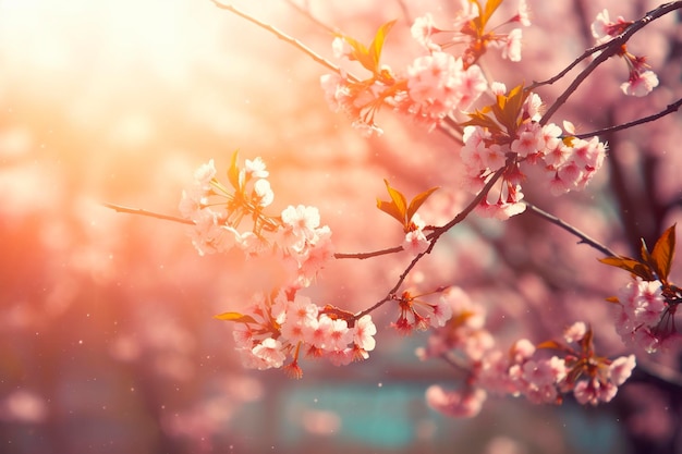 春の花の背景に咲く木と太陽フレアのある自然のシーン