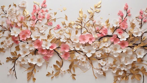 春の花の枝は白い背景に色と金色の花をかせます 豪華なインテリアの壁画