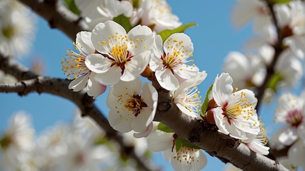 春の花が青い空の背景に近づいている